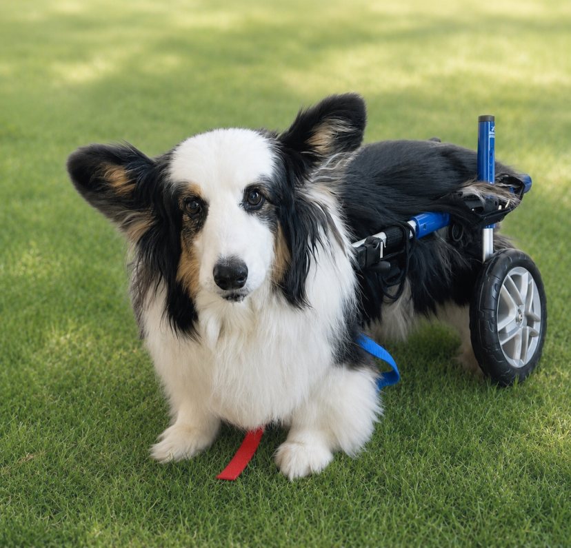 Kerekesszéket használó corgi a füvön