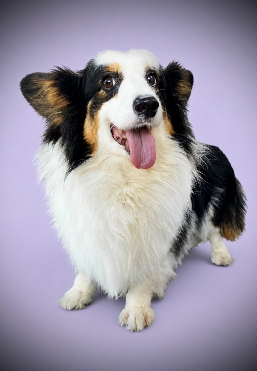 Opi, a tricolor pembroke welsh corgi, lila háttér előtt